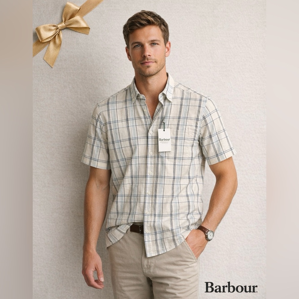 Barbour Short Sleeve Yellow Shirt Plaid Shirt Sz Small Cotton
